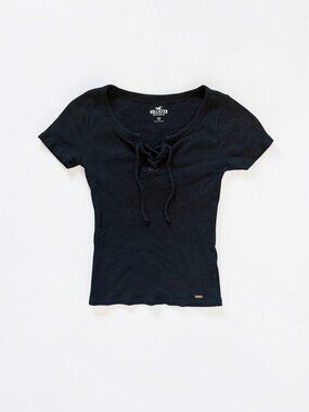 Hollister Black Ribbed Lace Up Top XS Short Sleeve Fitted Y2K Baby Tee